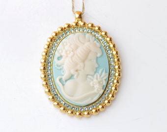 Cameo Necklace, Aquamarine Blue Cameo Pendant, large Vintage Pendant, Lady Cameo Necklace, Victorian Style, Turquoise Statement Necklace