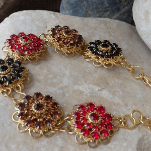 Flowers Bracelet, Floral Bracelet, Flower Link Bracelet, Gold Gemstone Bracelet, Flower Crystal Bracelet, Colorful Bracelet, Red Brown Black
