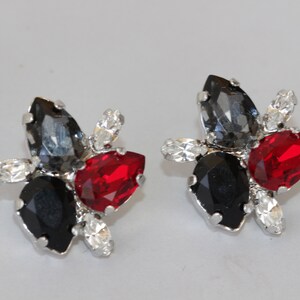BLACK RED EARRINGS, Small Evening Earrings,  Colorful Earrings, Sister Jewelry, Black Red Grey, Bridesmaids Earrings Gift, Flower Studs,