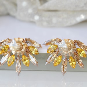 YELLOW GOLD EARRINGS, Bridal Champagne Earrings, Citrine Crystal  Earrings, Large Cluster Studs, November Studs, Topaz Bridesmaid