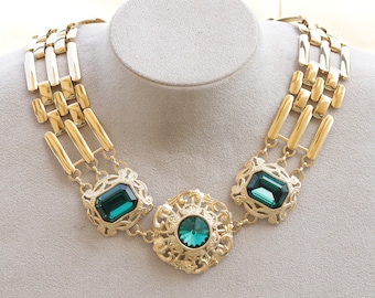 Emerald Green Crystal Gold Bib Necklace, Chunky Statement Jewelry