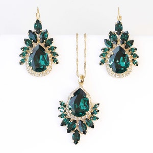 EMERALD JEWELRY SET, Bridal Emerald Earrings Necklace Set,  Dark Green Jewelry, Wedding Ser, Mother Of The Brides Gold Emerald Set