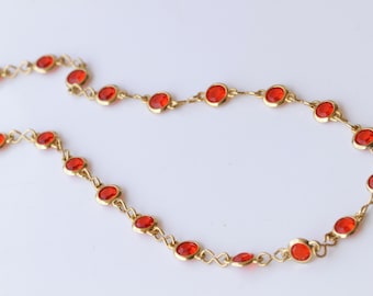 24k Gold Plated Orange Crystal Necklace, 22 inch Chain