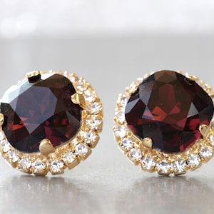 BURGUNDY EARRINGS, Wine Red Earrings,  bridesmaid Earrings, Bordeaux Bridal Earrings, Garnet Crystal Jewelry, Maroon Stud Earrings,