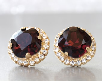 Burgundy Crystal Stud Earrings, bridesmaid Earrings, Bordeaux, Bridal Jewelry