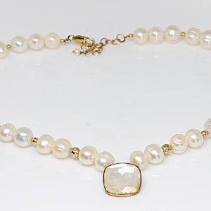 White Pearl Necklace, Pearl Bridal Necklace, Wedding Pearl, Gold Pearl Necklace,Pearl 9k Gold Beaded Necklace, Freshwater Pearl Jewelry Gift