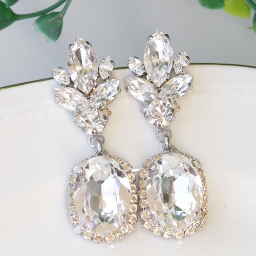 CRYSTAL BRIDAL EARRINGS, Clear shops Crystal Chandelier Earrings, White Crystal Silver Earrings, Bridal Jewelry For Wedding,Long Earring