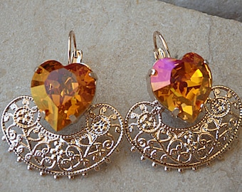 Orange Earrings, Heart-shaped  Earrings, Oriental Earrings, Love jewelry, Anniversary Wife Earrings. Bridesmaid Filigree Earrings Gift.