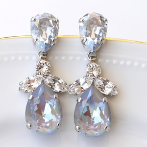 DUSTY BLUE EARRINGS,Long Wedding Earrings, Light Blue Crystal Earrings, Something Blue Jewelry For The Brides, Teardrop Bridal Earrings Gift