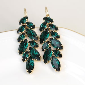 EMERALD LONG EARRINGS, Leaf Earrings, Leaves Earrings, Cluster Marquise Earrings, Dark Green Cocktail Earrings,Bridal Emerald Wedding Gift