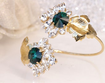 EMERALD GREEN BRACELET, Bridal Green Cuff Bracelet, Rhinestone Jewelry, Wedding Formal Bracelet, Leaf Bracelet, Leaves Crystals Bracelet
