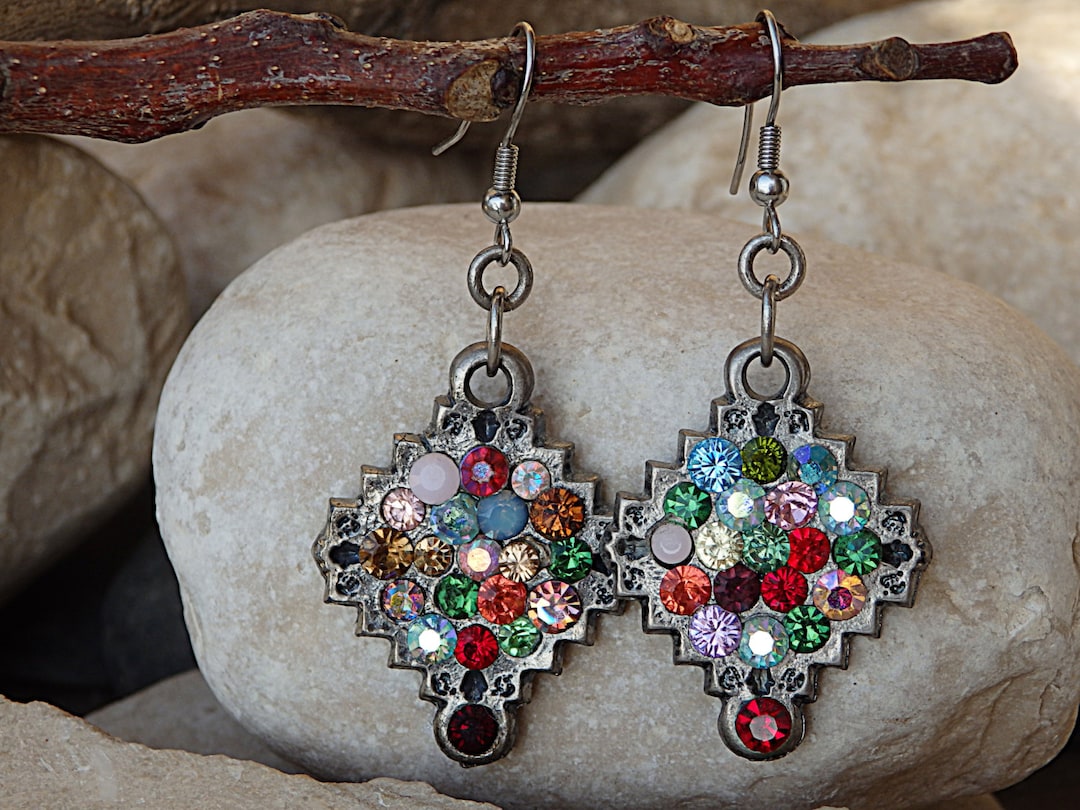 Silver Multicolor Drop Earrings Rhombus Earrings Multicolor Etsy