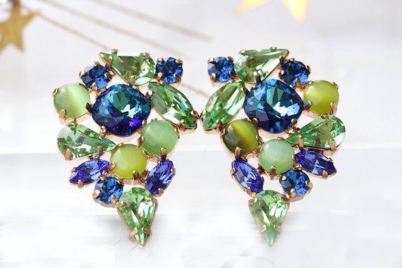 BLUE GREEN EARRINGS Mother Of Bride Jewelry Large studs Bright Green Earrings Peridot Evening Earrings Cluster Earrings Xmas