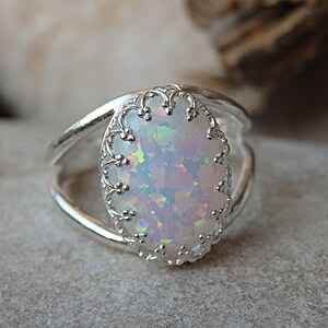 Opal Ring, Gemstone Fire Ring, White Opal Oval Ring, October Birthstone Ring, White Opal Crown Ring, 925 Sterling Silver Opal Womens Ring