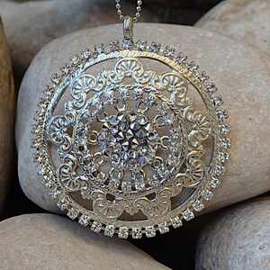 Big Geometric Pendant, Filigree Round Necklace, Clear  Necklace, Circle Crystal Necklace, Jewelry Pendant, Silver Gemstone Necklace