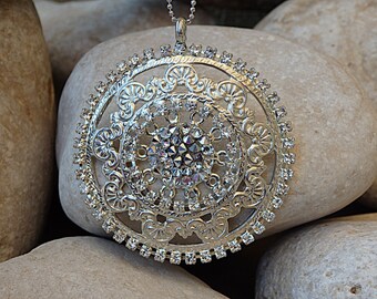Filigree Crystal Pendant Necklace, Silver Round Gemstone