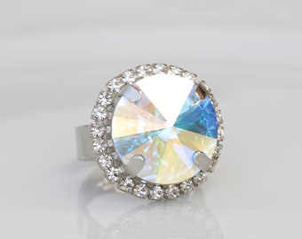 AB Kristall Cocktailring, Silver Rund Justerbar Ring