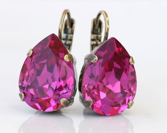 Fuchsia Crystal Teardrop Earrings: Hot Pink Wedding Jewelry