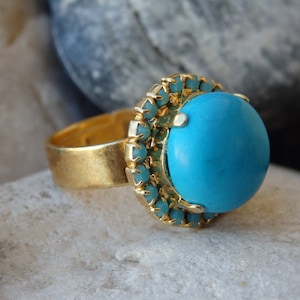 Gold Turquoise Ring, Genuine Turquoise Jewelry, Blue Gemstone Ring, women Ring, Adjustable Rounded Turquoise Ring, December Birthstone Ring