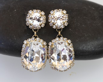 Crystal Drop Earrings, Bridal Gold Rhinestone Jewelry