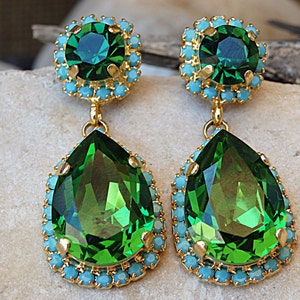 Turquoise and Emerald Drop Shaped Earrings, Halo  Earrings, Green Crystal Earrings, Gold Emerald Earrings, May Birthstone Earrings