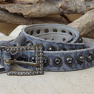 Jeans textile belt. Blue leather belt. Buckle belt for women. Women&#39;s blue belt. Leather Cotton Textile Belt . Gray crystal suede blue belts
