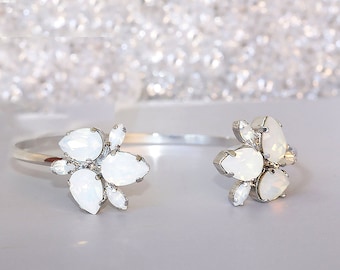 White Opal Cuff Bracelet: Leaves Silver Bridal Bracelet