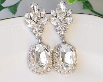 CRYSTAL BRIDAL EARRINGS, Clear Crystal Chandelier Earrings,  White Crystal Silver Earrings, Bridal Jewelry For Wedding,Long Earring
