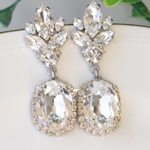 CRYSTAL BRIDAL EARRINGS, Clear shops Crystal Chandelier Earrings, White Crystal Silver Earrings, Bridal Jewelry For Wedding,Long Earring