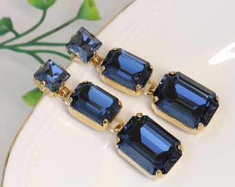 Navy Blue Crystal Drop Earrings: Dark Blue Long , Art Deco Bridal Jewelry