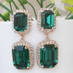 BRIDAL EARRINGS, Crystal Wedding Earrings, Dangle Emerald Earrings, Green Earrings, Emerald Cut Earrings, Wedding Jewelry, Bride Chandeliers