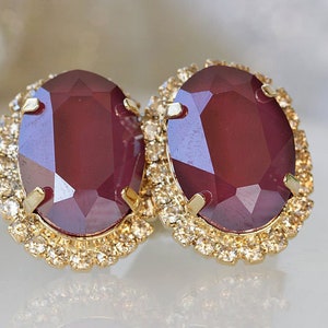 BURGUNDY EARRINGS, Red Gold earrings, Big Studs, Maroon Earrings, burgundy bridesmaid, Dark Red Garnet  Earrings, Cranberry Bridal