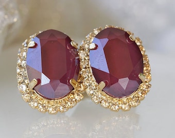 Burgundy Crystal Stud Earrings: Red Maroon Earrings, Bridesmaid Jewelry