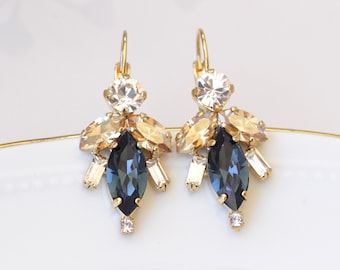 BLUE NAVY EARRINGS, Navy Blue Bridal Earrings, Blue Rose Gold White Opal Earrings, Bridesmaid Drop Earrings, Colorful  Brides Gift