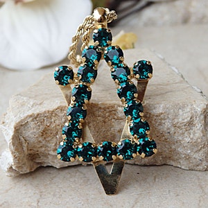 Emerald necklace. Star of David gold women necklace. Art deco necklace.Jewish jewelry.Statement  green necklace.Jewelry from Israel