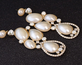PEARL CHANDELIER EARRINGS, crystals & Ivory Pearl Earrings For Bride, Wedding Opal, Oversized Earrings,Bridal Statement Art Nouveau Earring