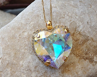 Gold Große Herz-Anhänger-Halskette: AB-Kristall, Valentinstag Geschenk für Frau