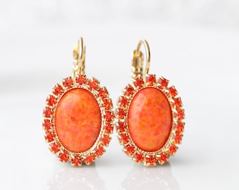 ORANGE OPAL EARRINGS, Opal Drop Earrings, Fire Opal Earrings, Christmas Gift, Oval Orange Earrings, Opal Gold Earrings, Unique Gift For Her