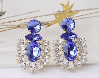 Blue Crystal Bridal Statement Earrings, Sapphire Crystal