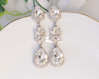 CRYSTAL LONG EARRINGS, Statement Bridal Earrings, Wedding Flowers Jewelry, Bridal Chandeliers,  Clear earrings,Droplet White Silver