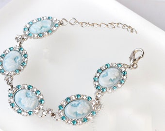 Blue Cameo Bracelet, Crystal Rhinestone, Vintage Wedding Jewelry