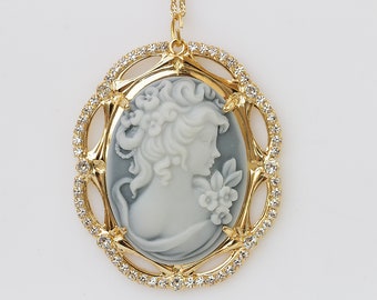 Collana cameo, ciondolo cameo grigio, grande collana cameo, collana cameo grigio, stile antico, collana cameo, dichiarazione vintage