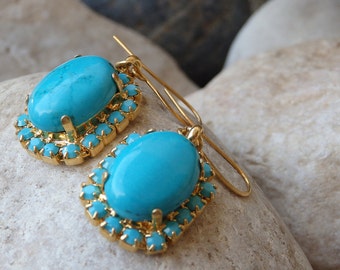 Large Genuine turquoise earring .Turquoise jewelry, Estate jewelry gift for her. Blue  earring,Vintage style earrings.Drop earrings