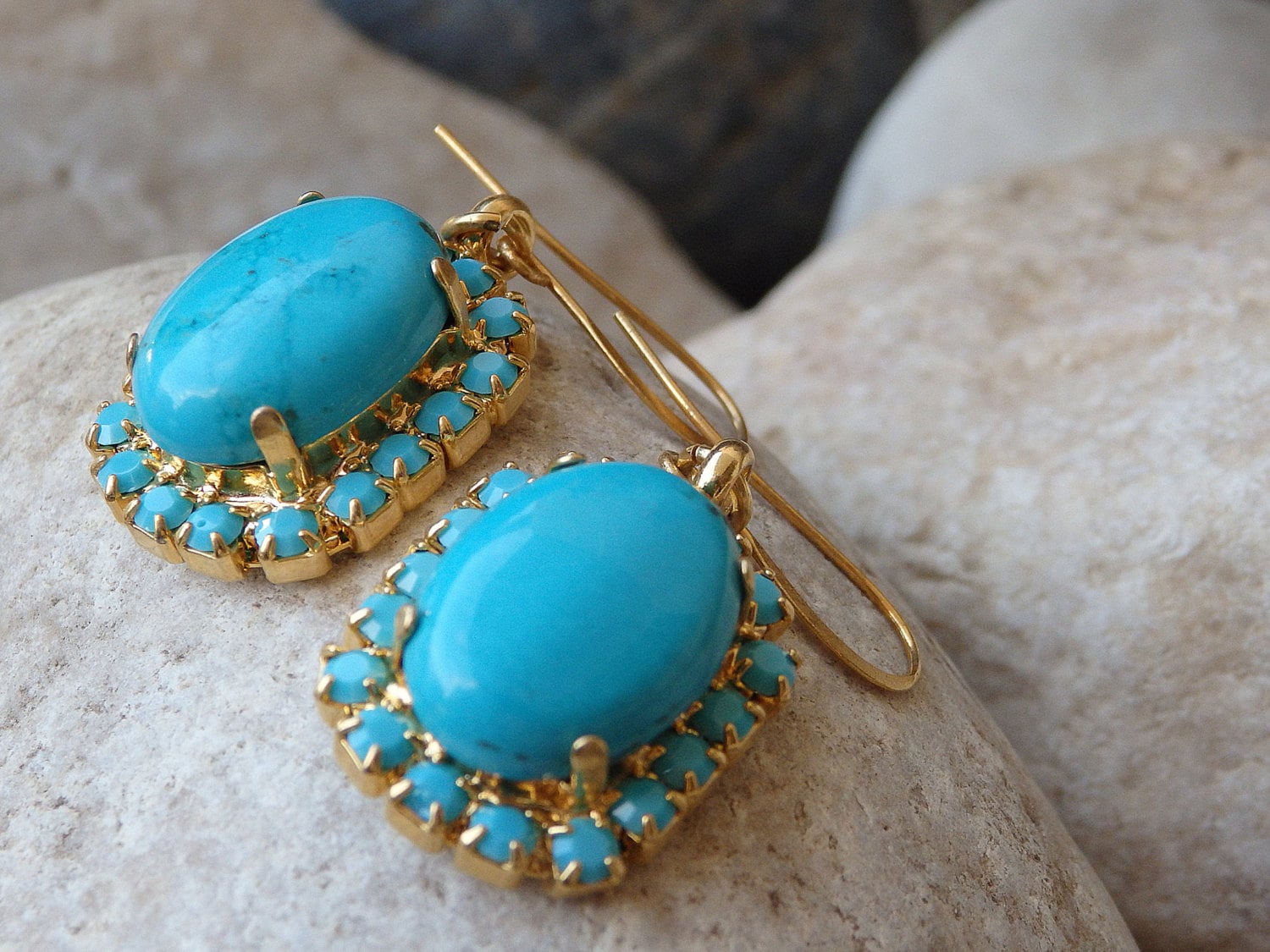 Created Turquoise Earrings 14K Yellow Gold