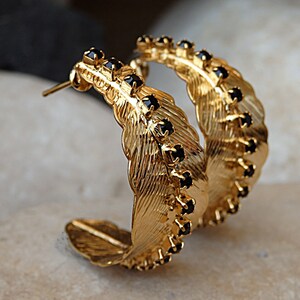 Leaves Hoop Earrings, Gold Black Hoop Earrings, Gold Feather Earrings,  Black Hoop Earrings Feather Jewelry, Leaf Earrings