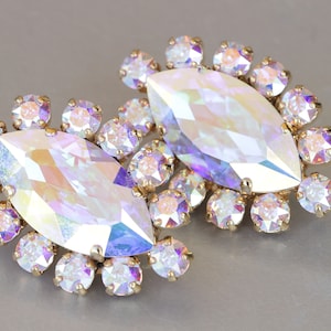 AB CRYSTAL Clip On Earrings, Bridal Clip On Earrings, Rainbow Crystal Stud Earrings, Large Vintage Clip On Earrings, Non Pierced Earrings