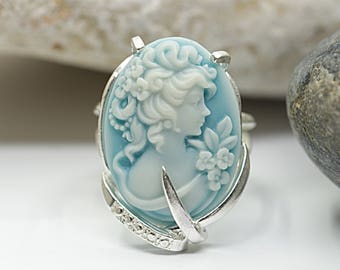 Cameo Ring, Sterling Silver Ring, Beautiful Cameo Jewelry, Old Fashion Ring, Big Stone Ring, Light Blue Ring,Bridesmaid Gift,Victorian Style