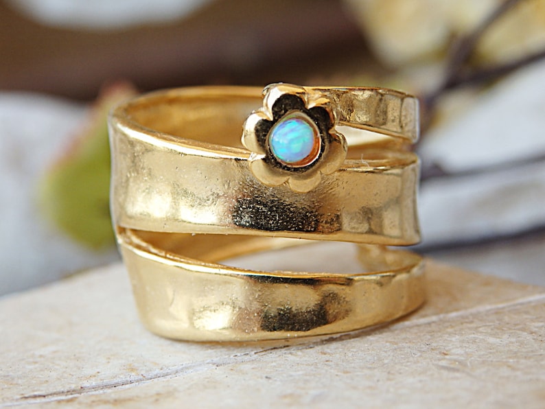 Warp ring Flower ring Gemstone ring for woman Bypass ring Gold ring Chunky ring Blue opal ring Large ring Lovely birthstone ring