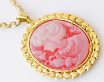 Red Cameo Pendant Necklace, Gold Plated, Victorian Style, 30 inch
