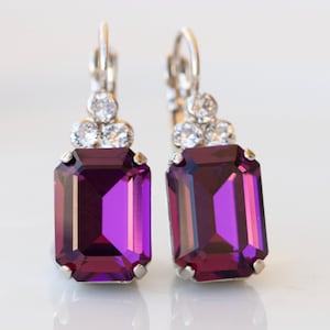 PURPLE Crystal Earrings, Purple Amethyst Rectangle Earrings, Classic Dark Purple Crystal Drop Earrings, Bridal Plum Minimalist Earrings Gift